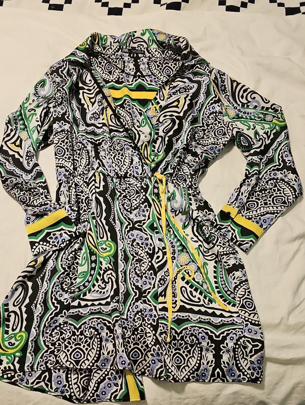Paisley Print Wrap Dress in Black, Green & Yellow